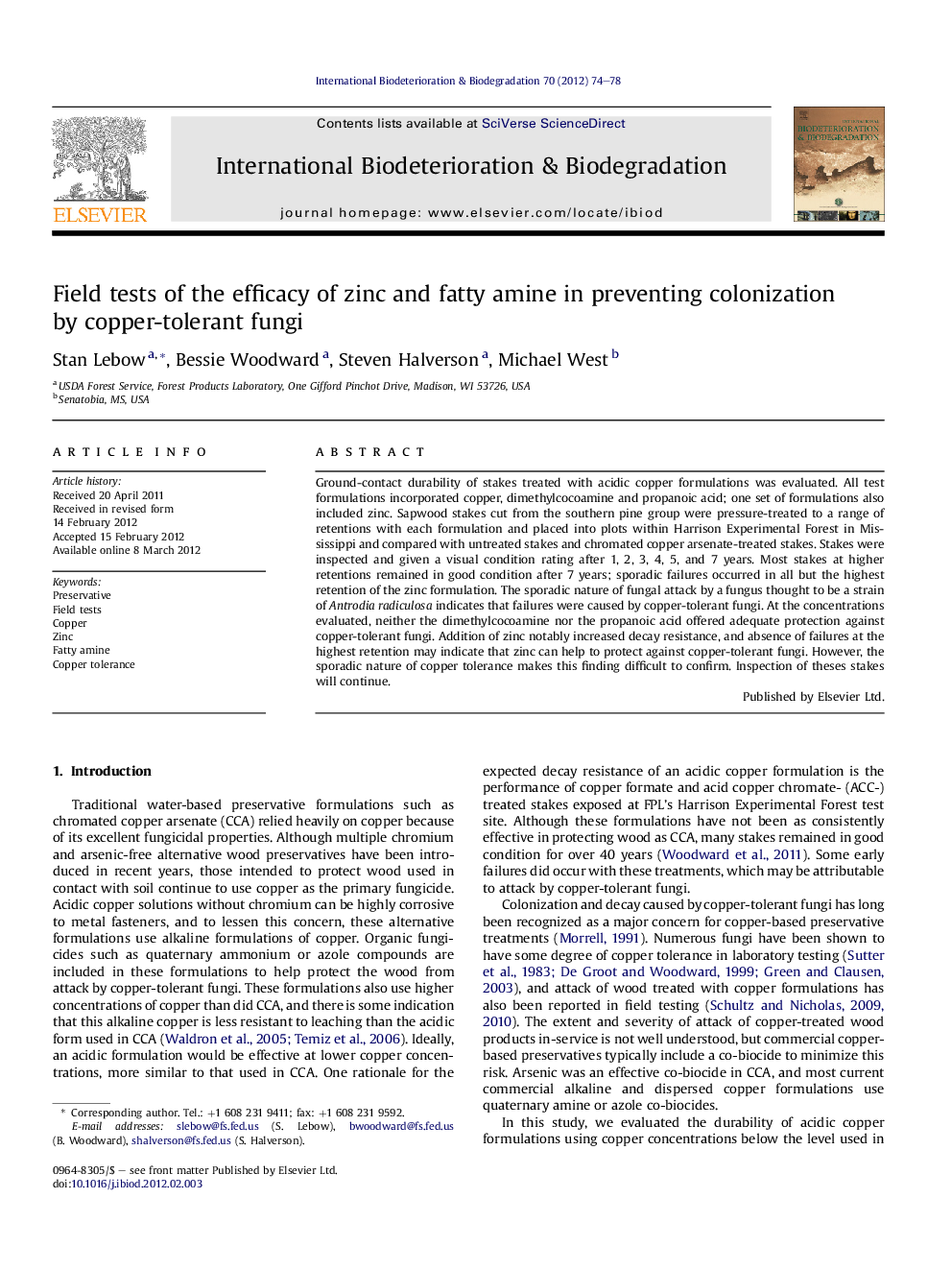 Field tests of the efficacy of zinc and fatty amine in preventing colonization by copper-tolerant fungi