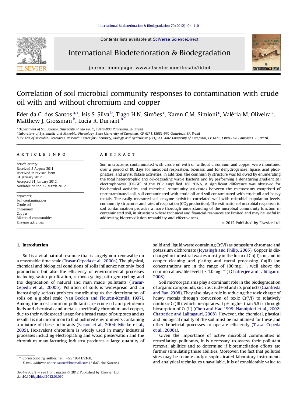 Correlation of soil microbial community responses to contamination with crude oil with and without chromium and copper