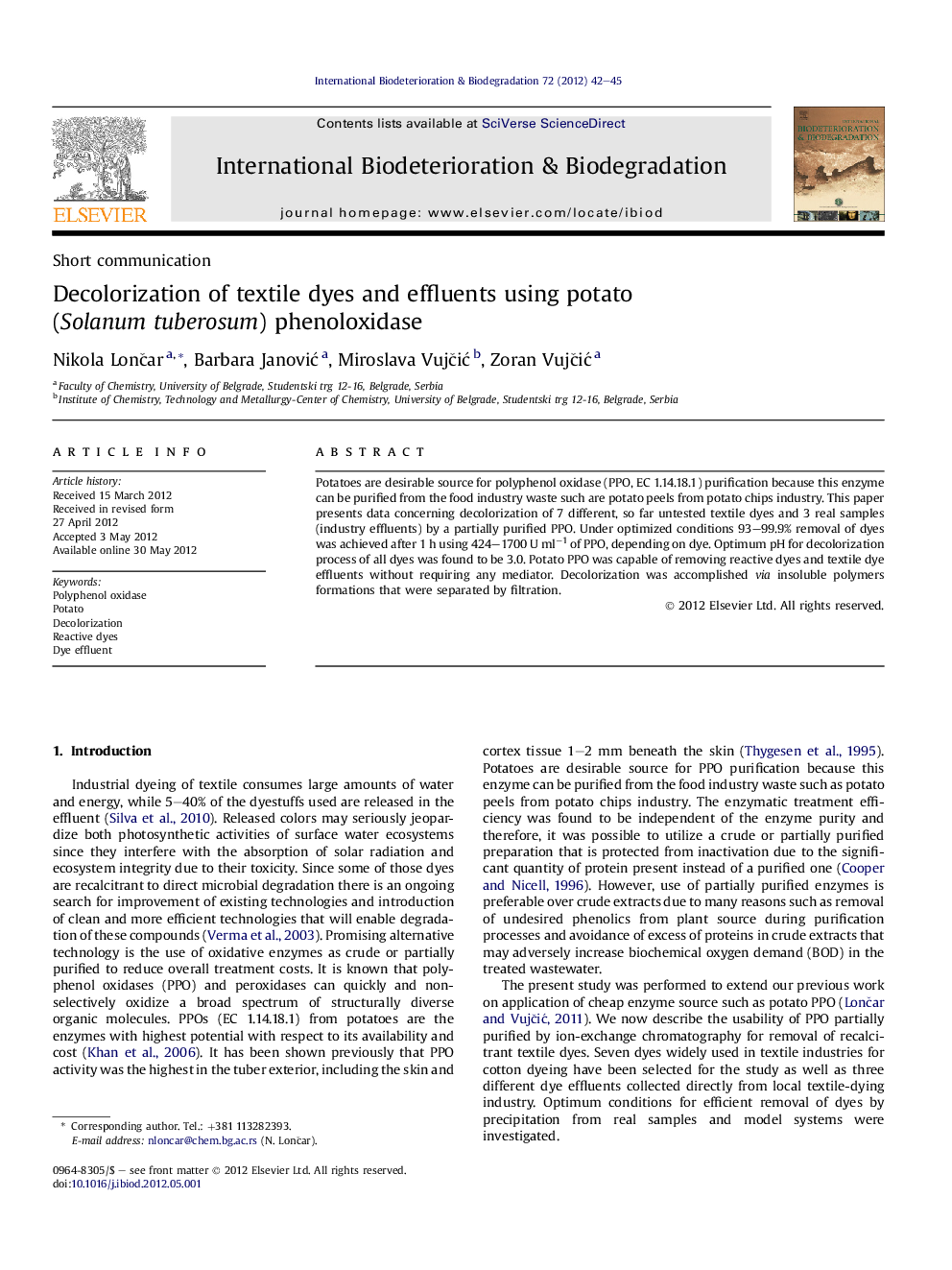 Decolorization of textile dyes and effluents using potato (Solanum tuberosum) phenoloxidase