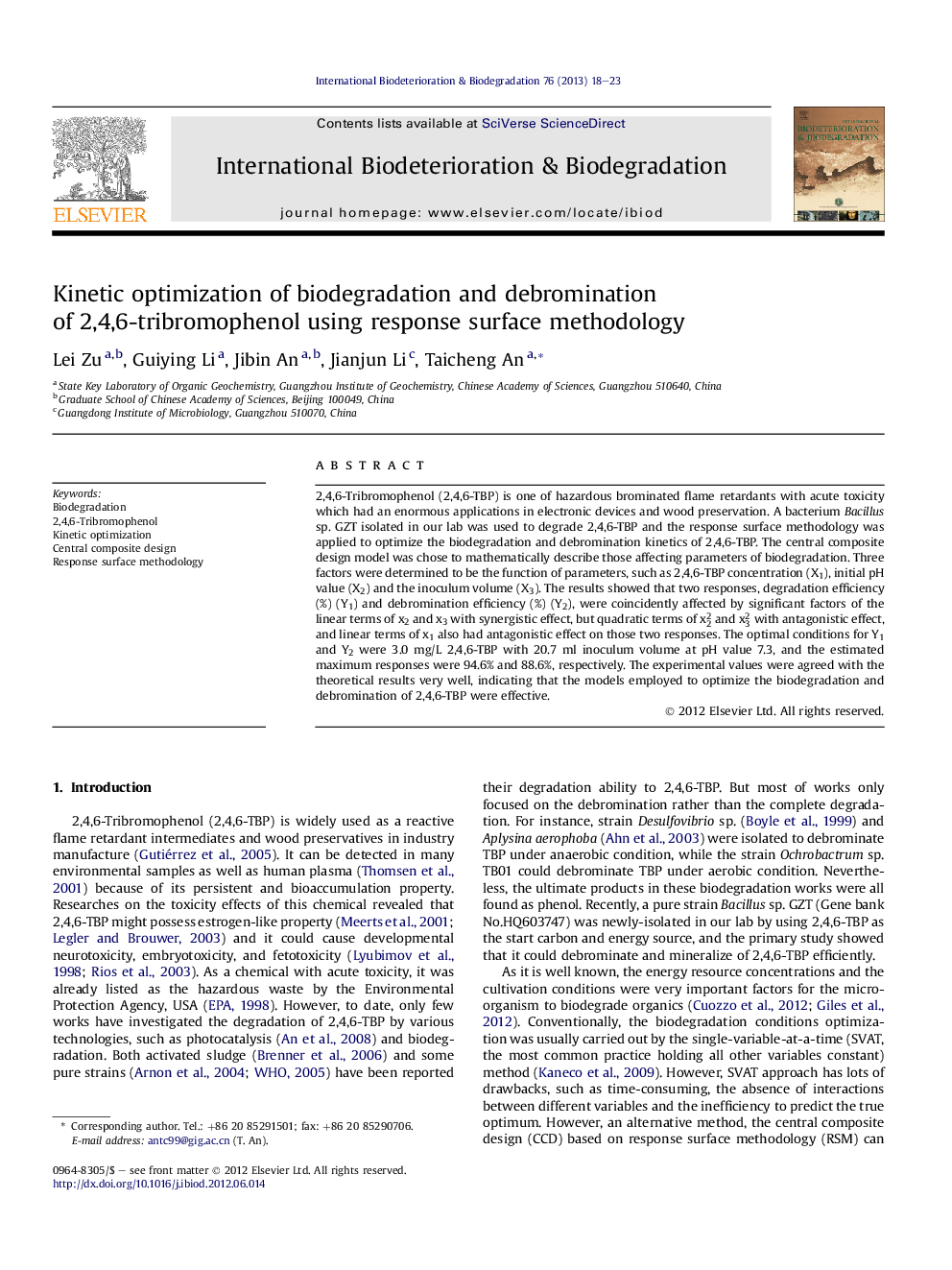 Kinetic optimization of biodegradation and debromination of 2,4,6-tribromophenol using response surface methodology