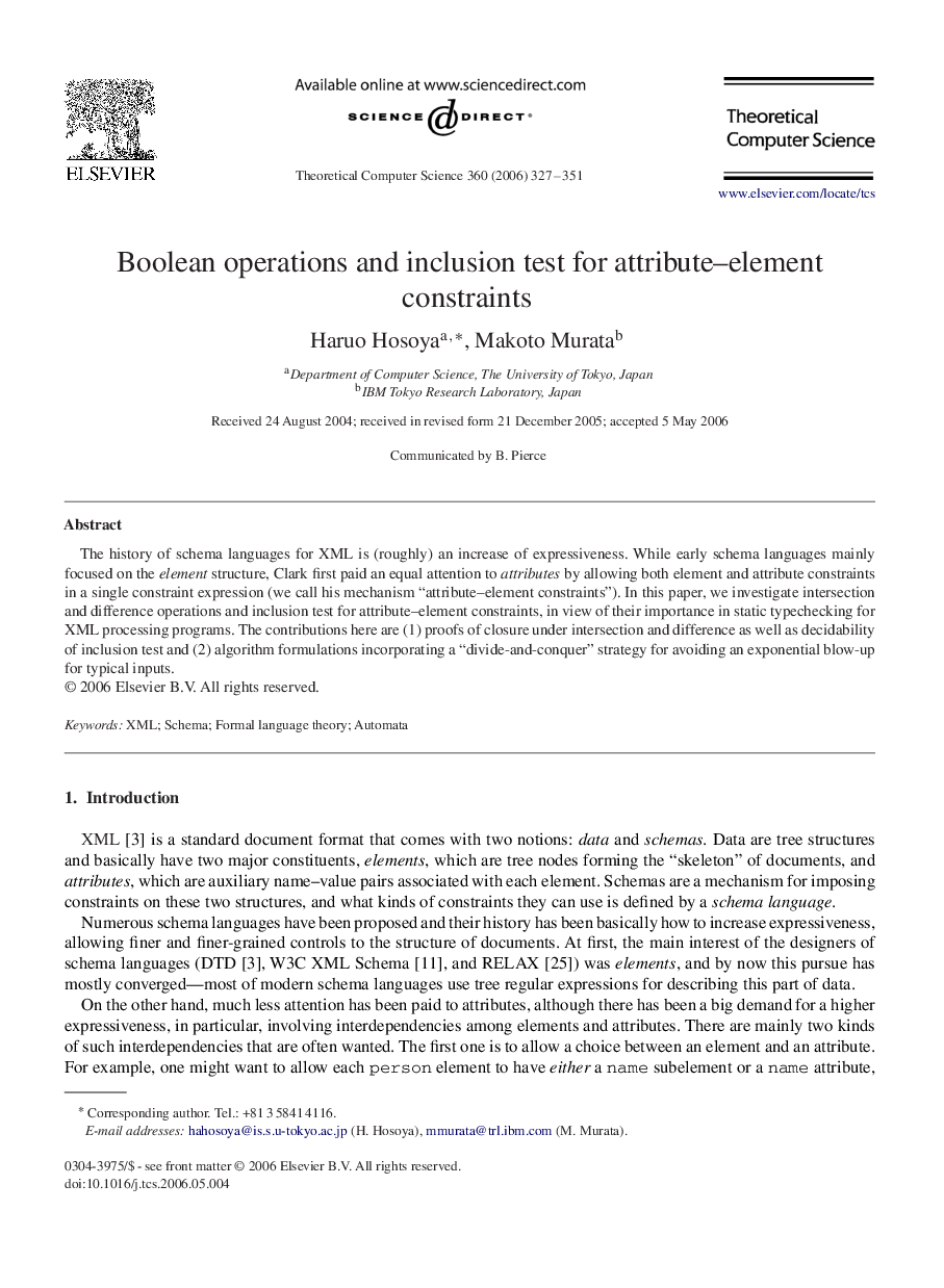 Boolean operations and inclusion test for attribute–element constraints