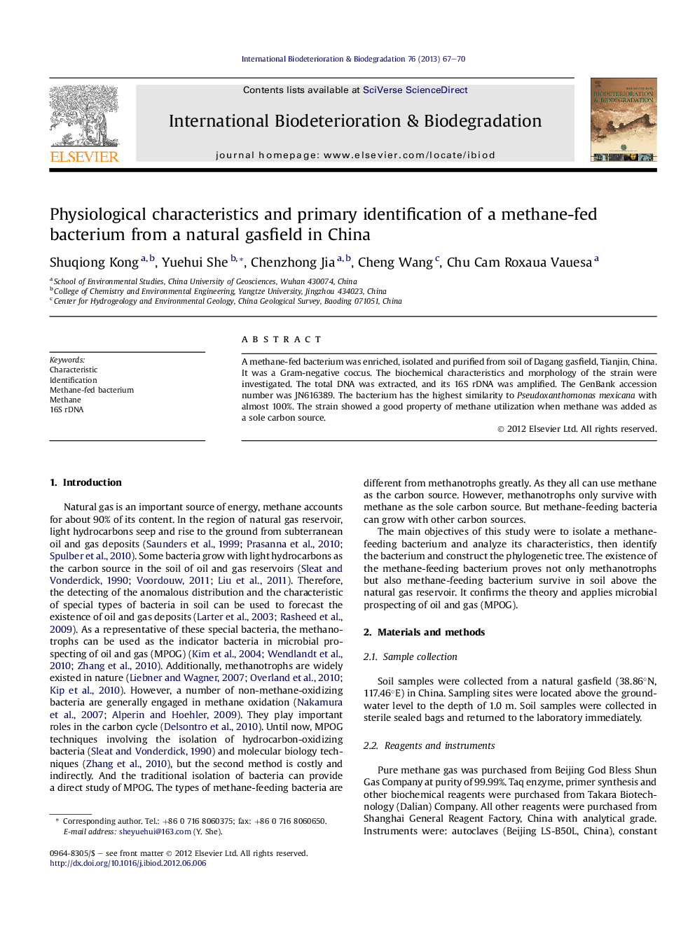 Physiological characteristics and primary identification of a methane-fed bacterium from a natural gasfield in China