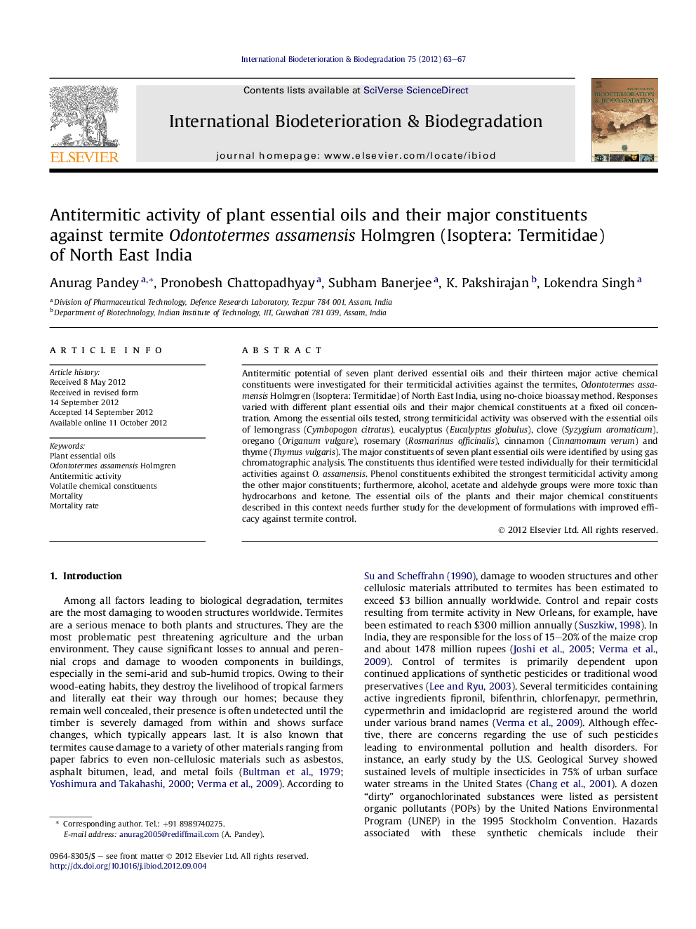 Antitermitic activity of plant essential oils and their major constituents against termite Odontotermes assamensis Holmgren (Isoptera: Termitidae) of North East India