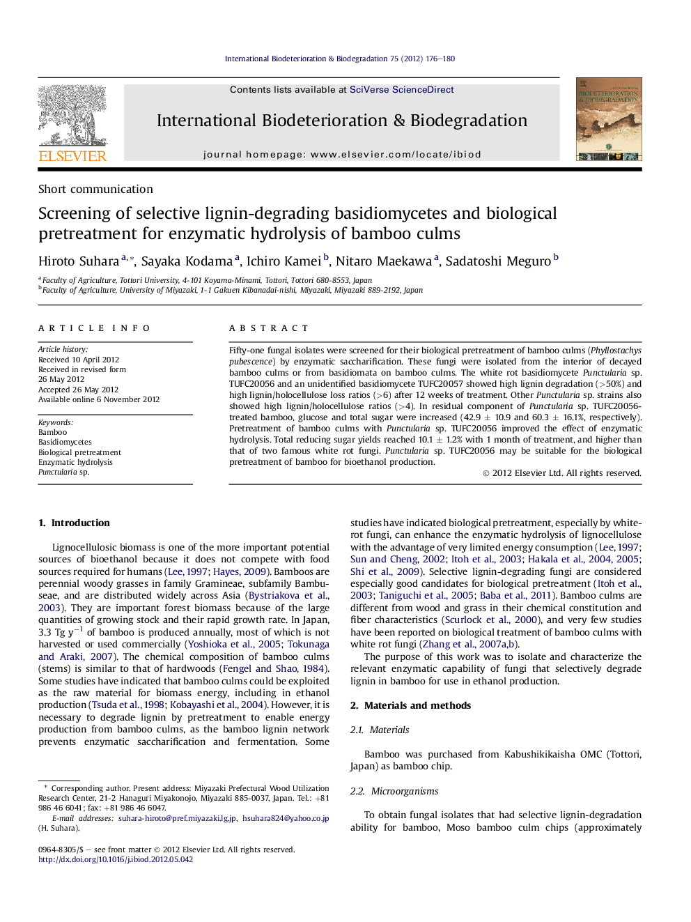 Screening of selective lignin-degrading basidiomycetes and biological pretreatment for enzymatic hydrolysis of bamboo culms