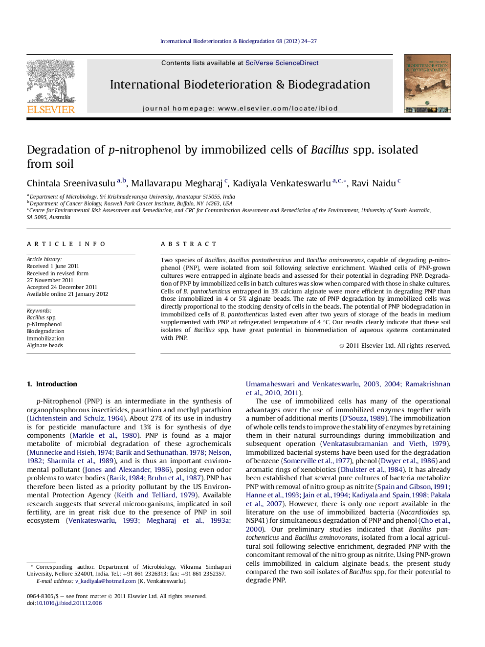 عکس صفحه اول مقاله: Degradation of p-nitrophenol by immobilized cells of Bacillus spp. isolated from soil Degradation of p-nitrophenol by immobilized cells of Bacillus spp. isolated from soil