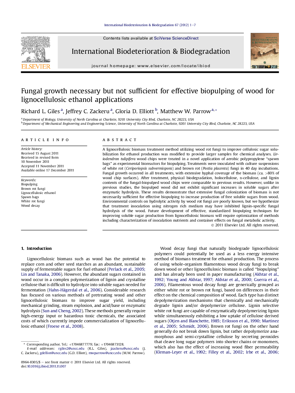 Fungal growth necessary but not sufficient for effective biopulping of wood for lignocellulosic ethanol applications