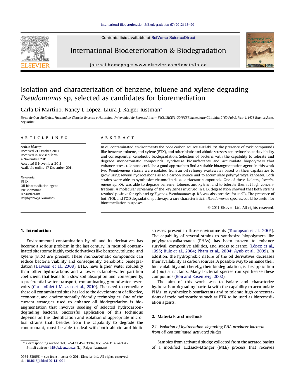 Isolation and characterization of benzene, toluene and xylene degrading Pseudomonas sp. selected as candidates for bioremediation