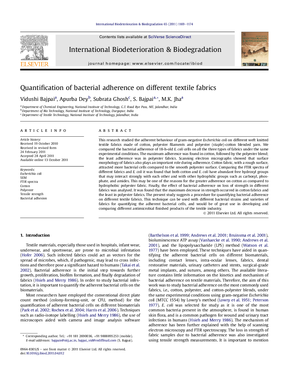 Quantification of bacterial adherence on different textile fabrics