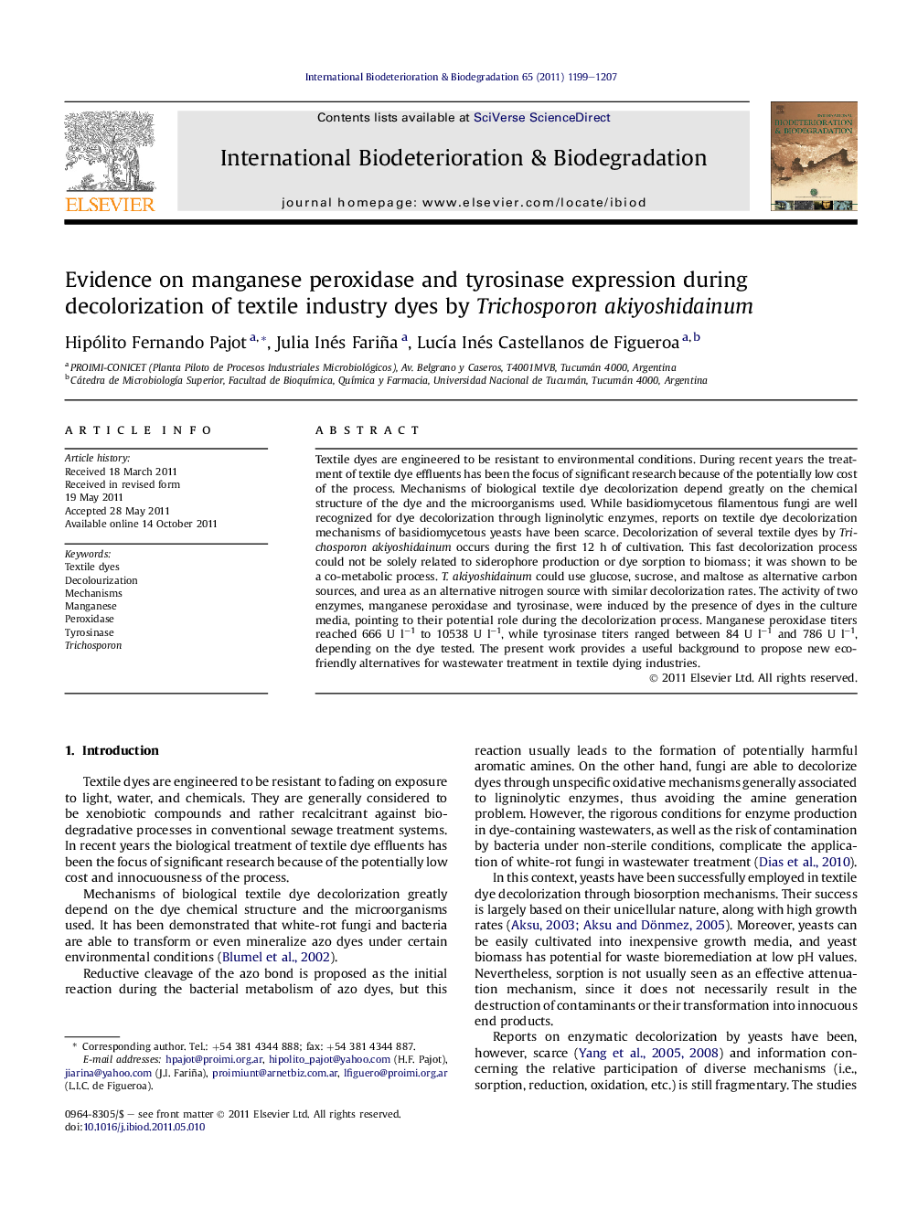 Evidence on manganese peroxidase and tyrosinase expression during decolorization of textile industry dyes by Trichosporon akiyoshidainum