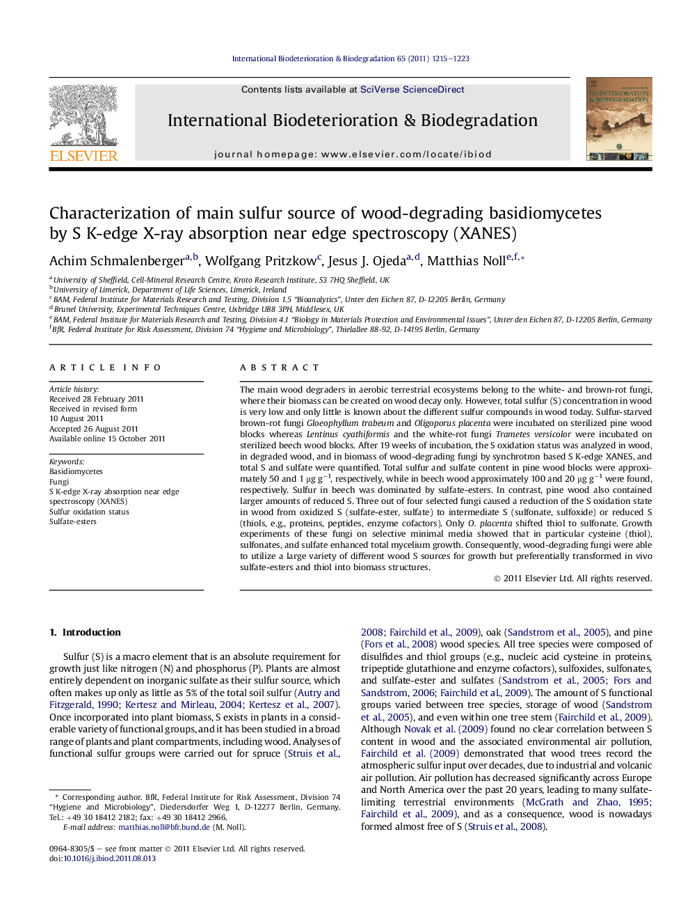 Characterization of main sulfur source of wood-degrading basidiomycetes by S K-edge X-ray absorption near edge spectroscopy (XANES)