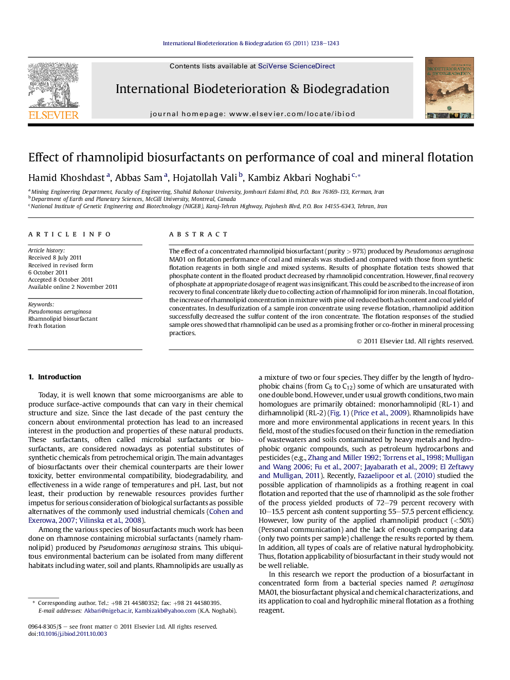 Effect of rhamnolipid biosurfactants on performance of coal and mineral flotation