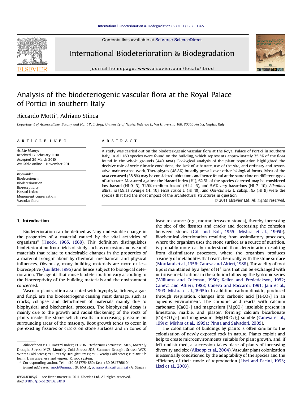 Analysis of the biodeteriogenic vascular flora at the Royal Palace of Portici in southern Italy