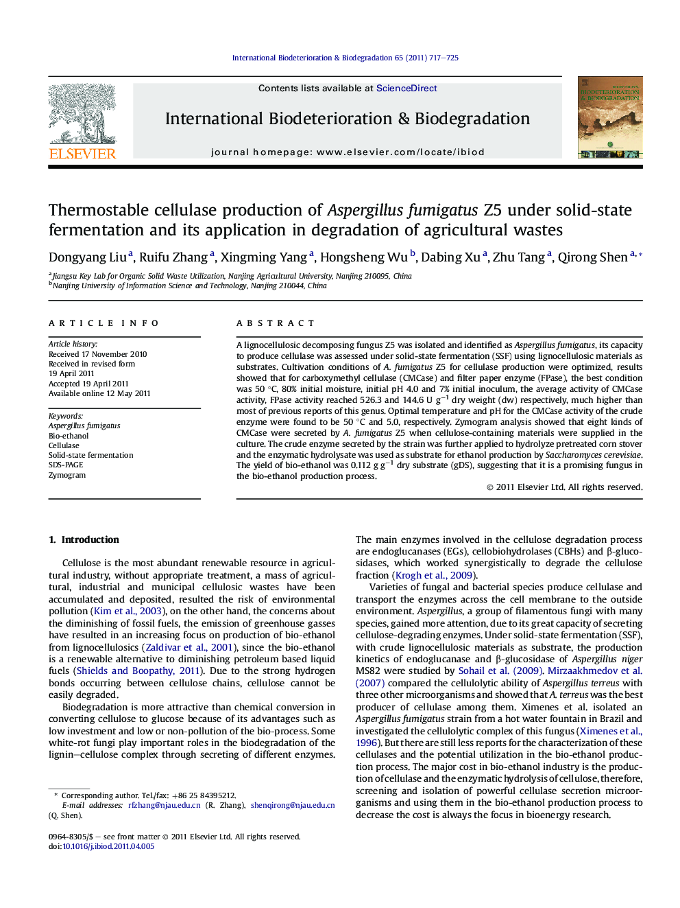 Thermostable cellulase production of Aspergillus fumigatus Z5 under solid-state fermentation and its application in degradation of agricultural wastes