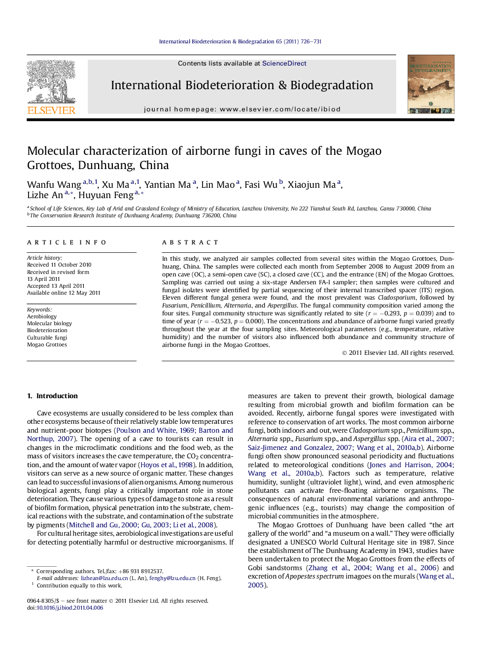 Molecular characterization of airborne fungi in caves of the Mogao Grottoes, Dunhuang, China