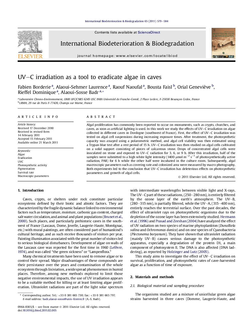 UV–C irradiation as a tool to eradicate algae in caves