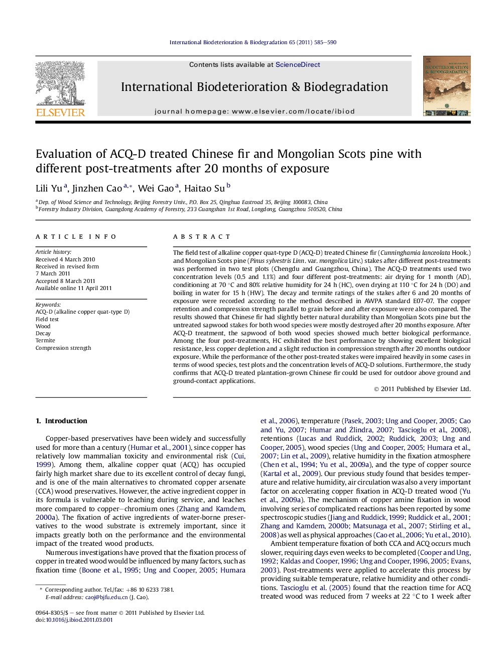 Evaluation of ACQ-D treated Chinese fir and Mongolian Scots pine with different post-treatments after 20 months of exposure