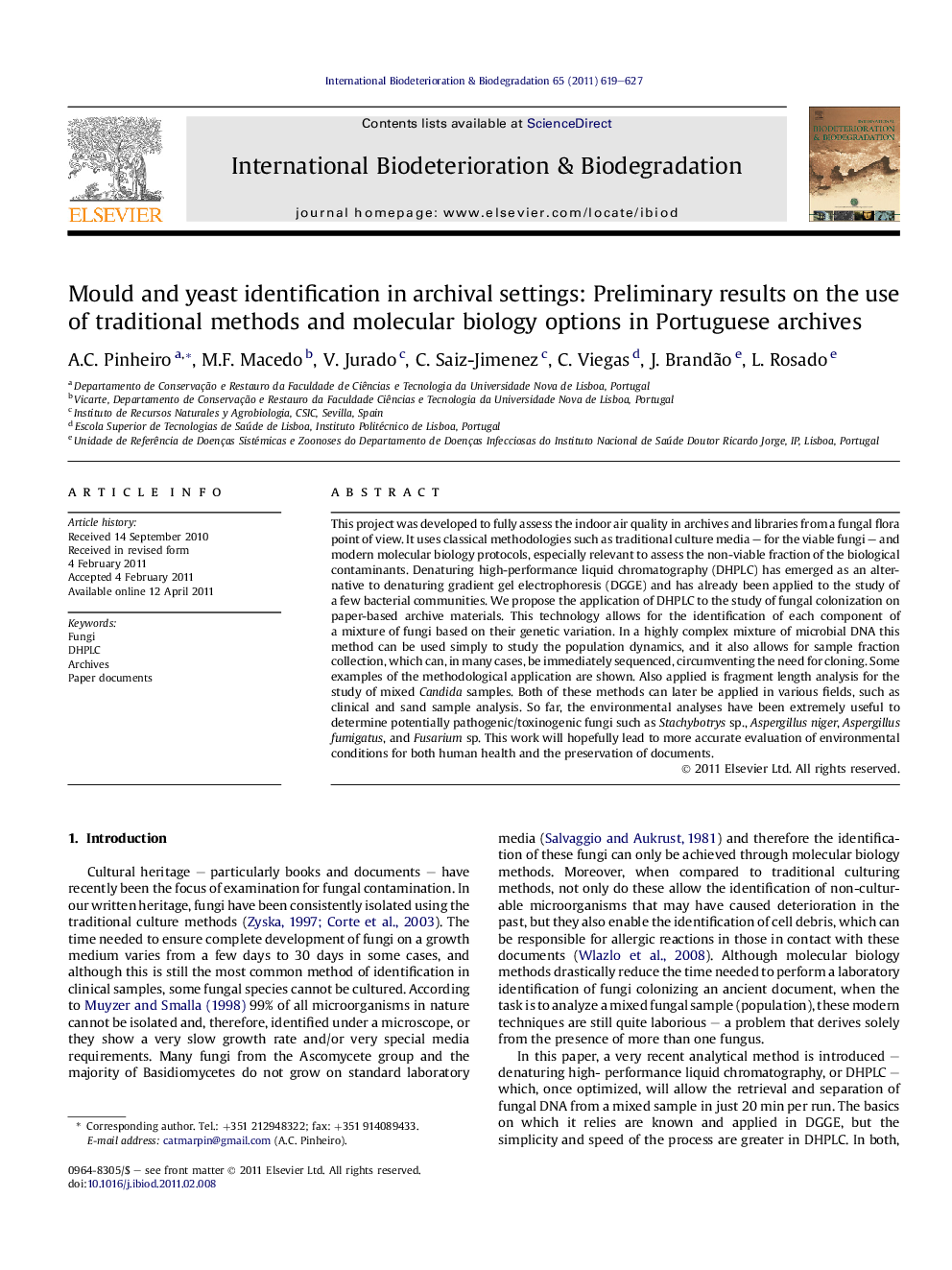 Mould and yeast identification in archival settings: Preliminary results on the use of traditional methods and molecular biology options in Portuguese archives