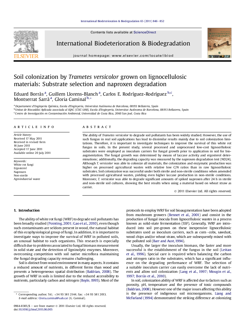 Soil colonization by Trametes versicolor grown on lignocellulosic materials: Substrate selection and naproxen degradation