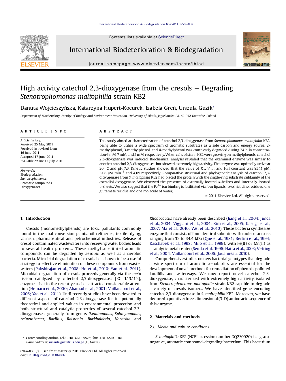 High activity catechol 2,3-dioxygenase from the cresols – Degrading Stenotrophomonas maltophilia strain KB2