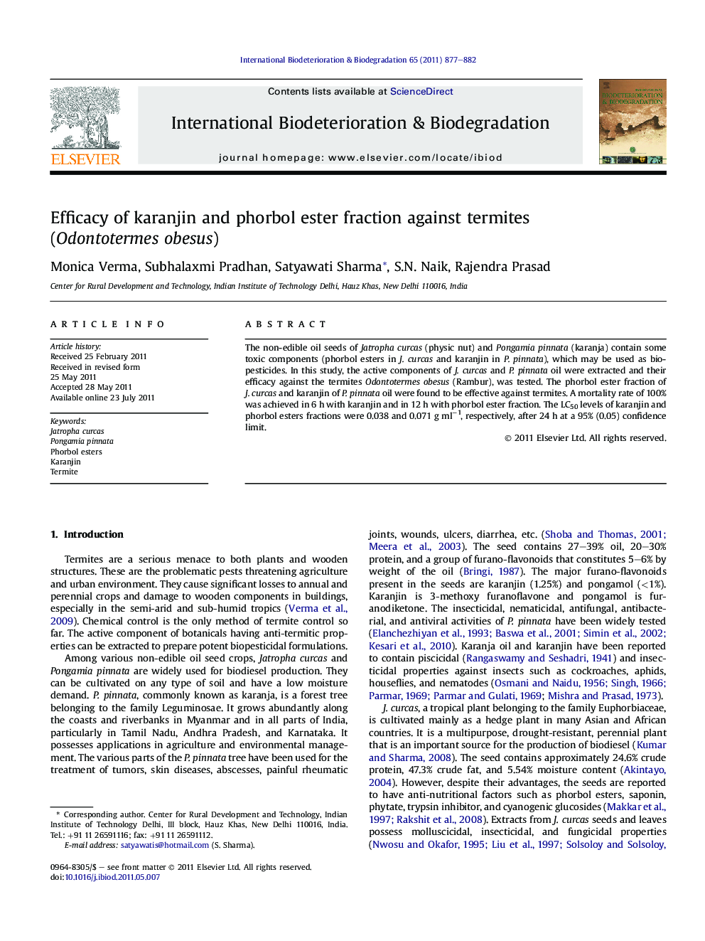Efficacy of karanjin and phorbol ester fraction against termites (Odontotermes obesus)