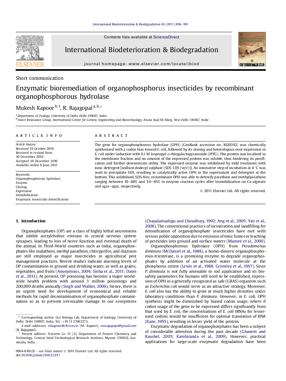 Enzymatic bioremediation of organophosphorus insecticides by recombinant organophosphorous hydrolase