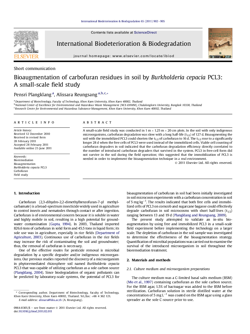 Bioaugmentation of carbofuran residues in soil by Burkholderia cepacia PCL3: A small-scale field study