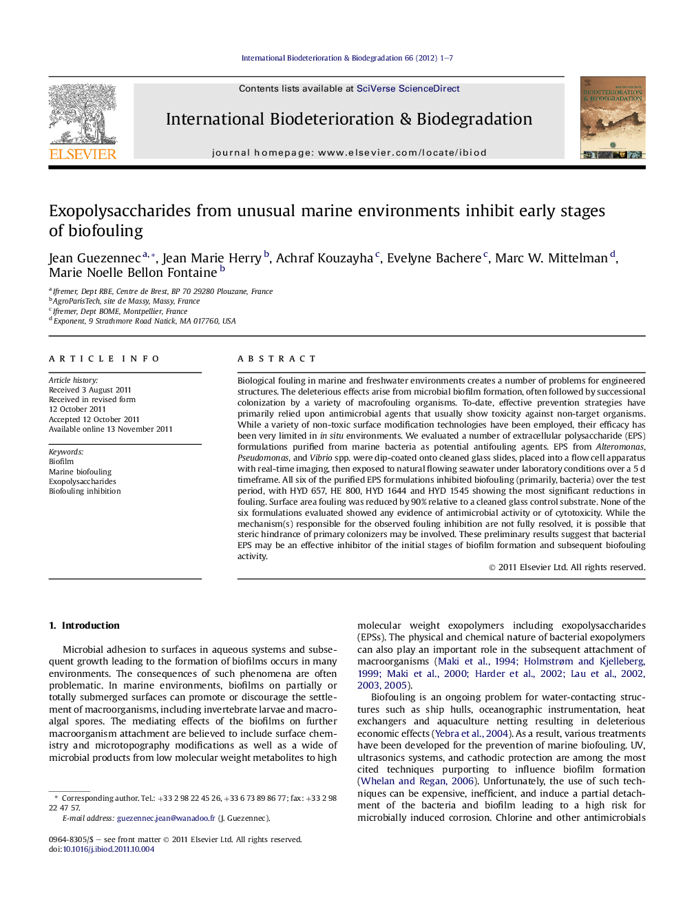 Exopolysaccharides from unusual marine environments inhibit early stages of biofouling