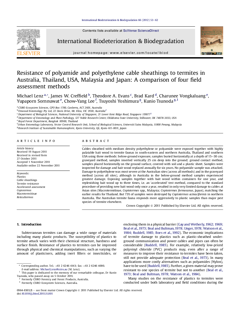 Resistance of polyamide and polyethylene cable sheathings to termites in Australia, Thailand, USA, Malaysia and Japan: A comparison of four field assessment methods