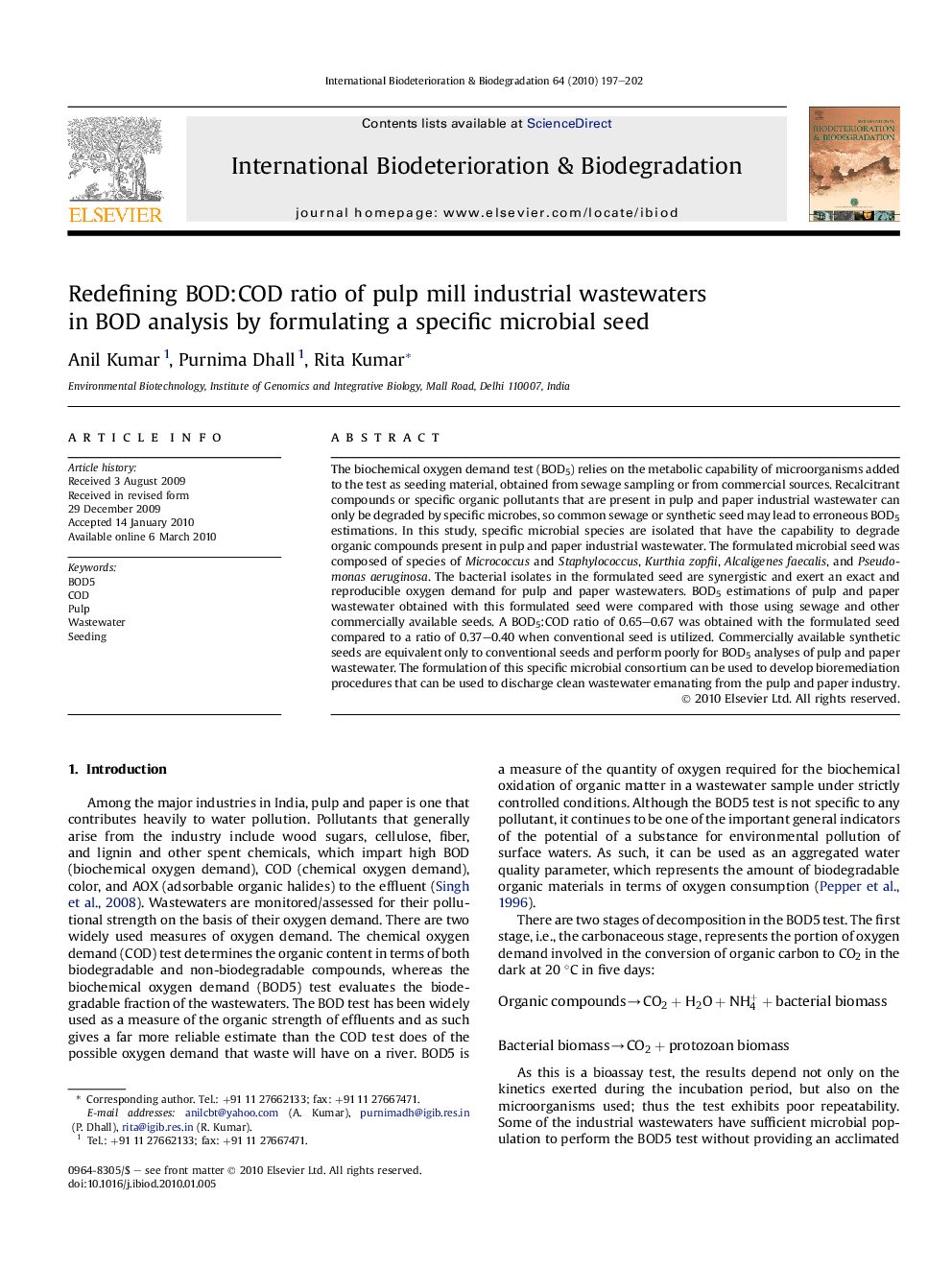 Redefining BOD:COD ratio of pulp mill industrial wastewaters in BOD analysis by formulating a specific microbial seed