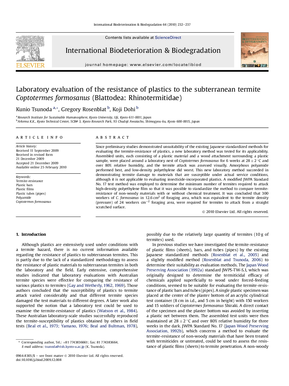 Laboratory evaluation of the resistance of plastics to the subterranean termite Coptotermes formosanus (Blattodea: Rhinotermitidae)