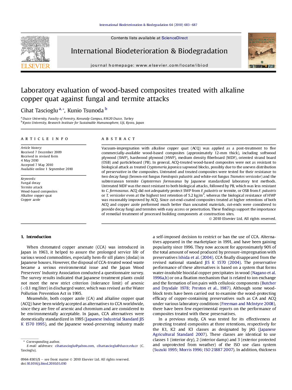 Laboratory evaluation of wood-based composites treated with alkaline copper quat against fungal and termite attacks