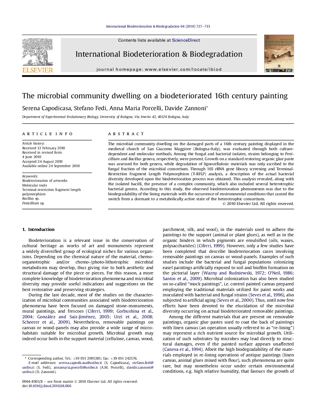 The microbial community dwelling on a biodeteriorated 16th century painting