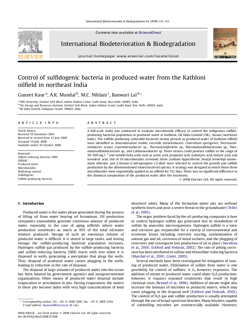 Control of sulfidogenic bacteria in produced water from the Kathloni oilfield in northeast India