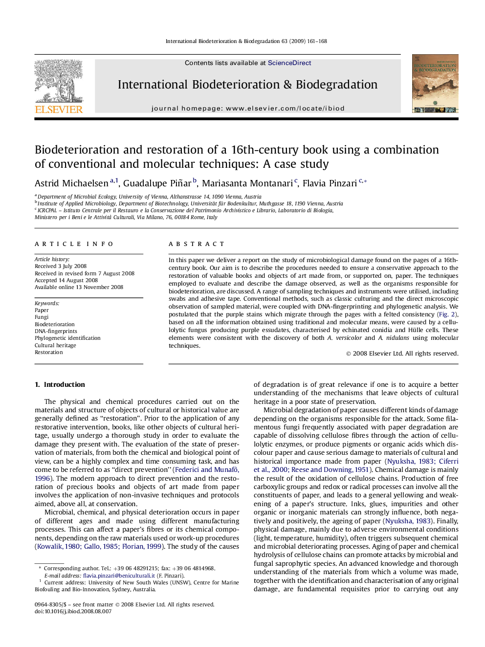 Biodeterioration and restoration of a 16th-century book using a combination of conventional and molecular techniques: A case study