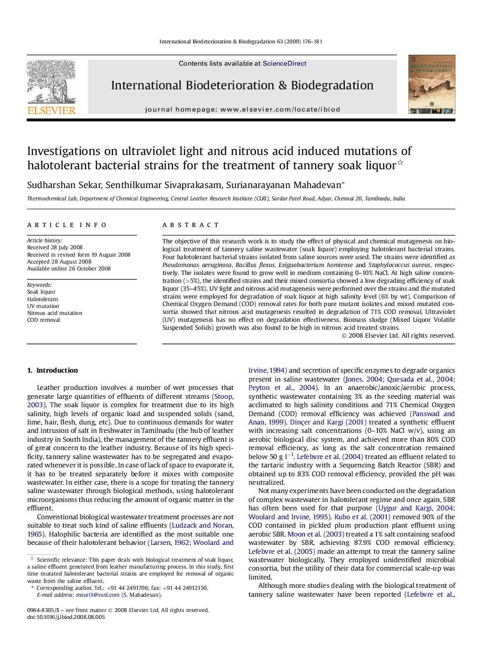 Investigations on ultraviolet light and nitrous acid induced mutations of halotolerant bacterial strains for the treatment of tannery soak liquor