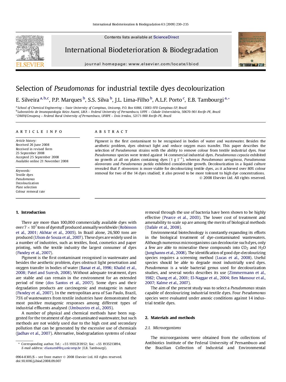 Selection of Pseudomonas for industrial textile dyes decolourization