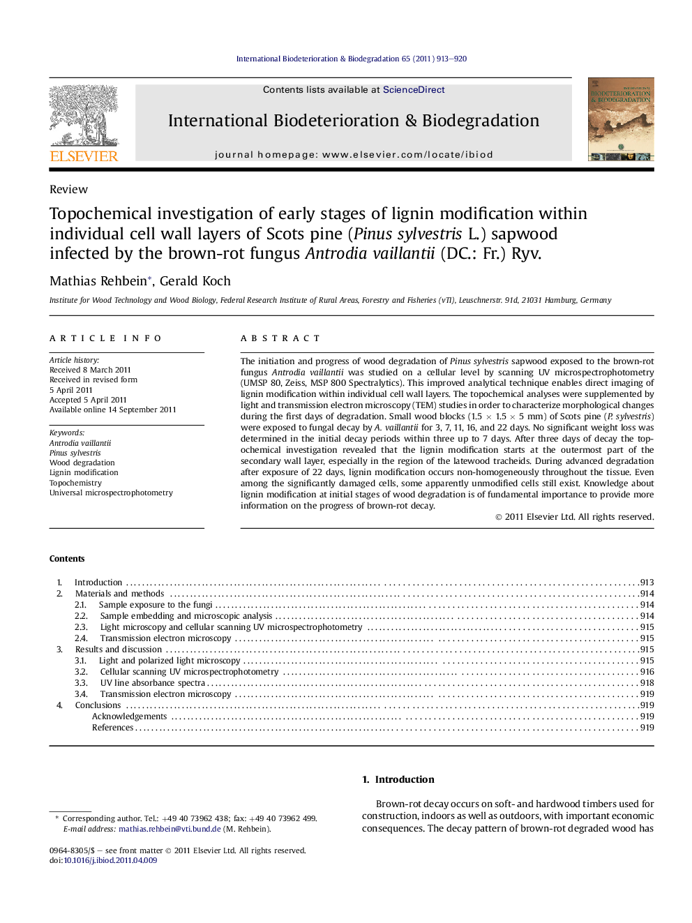 Topochemical investigation of early stages of lignin modification within individual cell wall layers of Scots pine (Pinus sylvestris L.) sapwood infected by the brown-rot fungus Antrodia vaillantii (DC.: Fr.) Ryv.