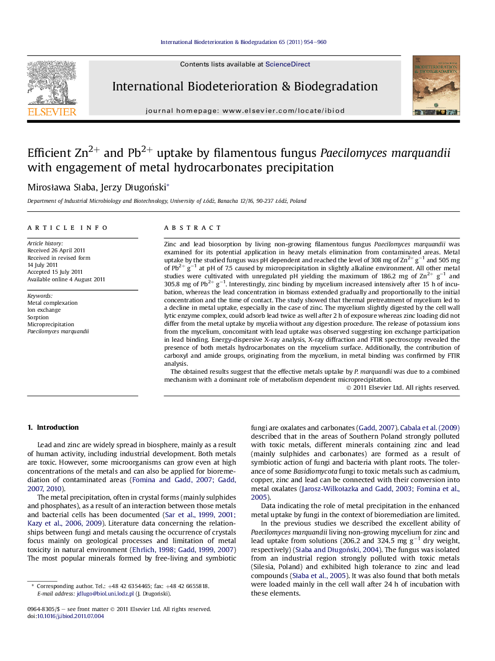 Efficient Zn2+ and Pb2+ uptake by filamentous fungus Paecilomyces marquandii with engagement of metal hydrocarbonates precipitation