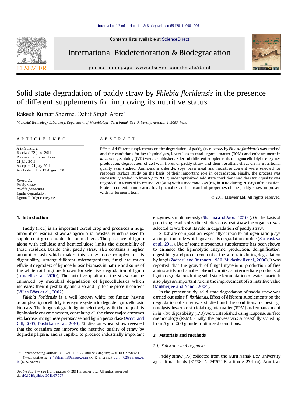 Solid state degradation of paddy straw by Phlebia floridensis in the presence of different supplements for improving its nutritive status