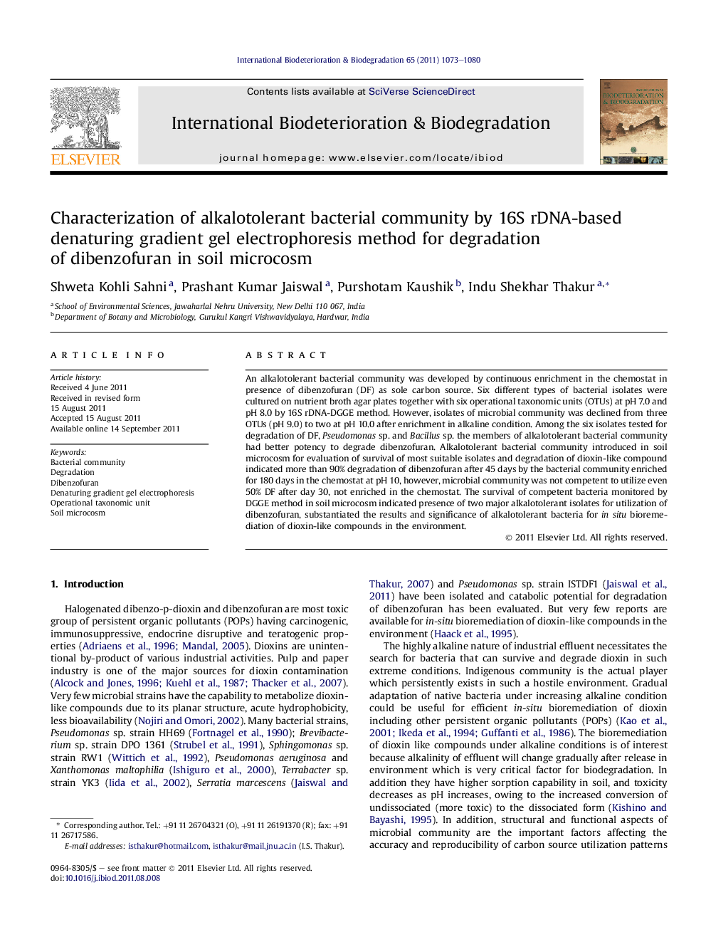 Characterization of alkalotolerant bacterial community by 16S rDNA-based denaturing gradient gel electrophoresis method for degradation of dibenzofuran in soil microcosm