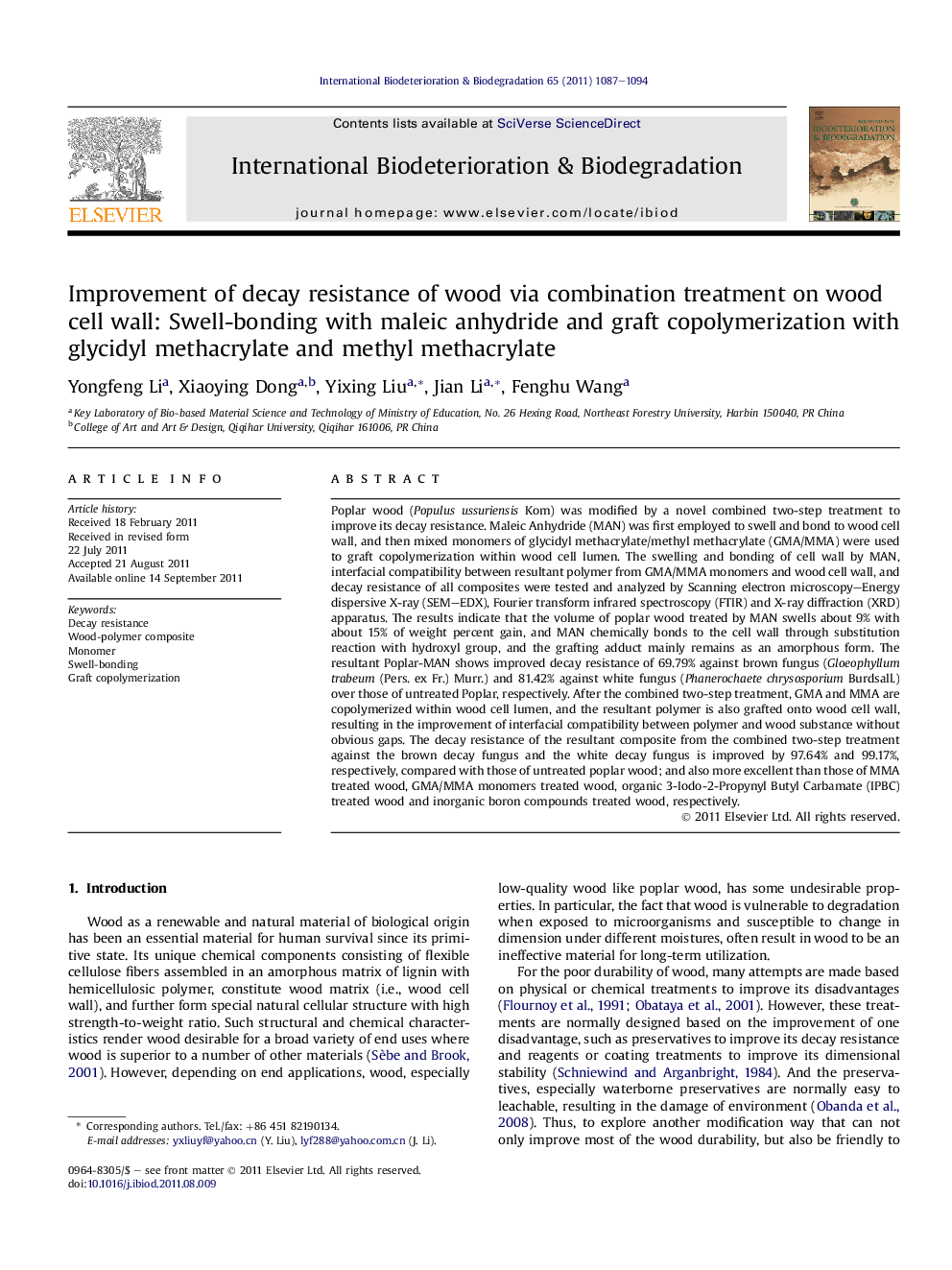 Improvement of decay resistance of wood via combination treatment on wood cell wall: Swell-bonding with maleic anhydride and graft copolymerization with glycidyl methacrylate and methyl methacrylate