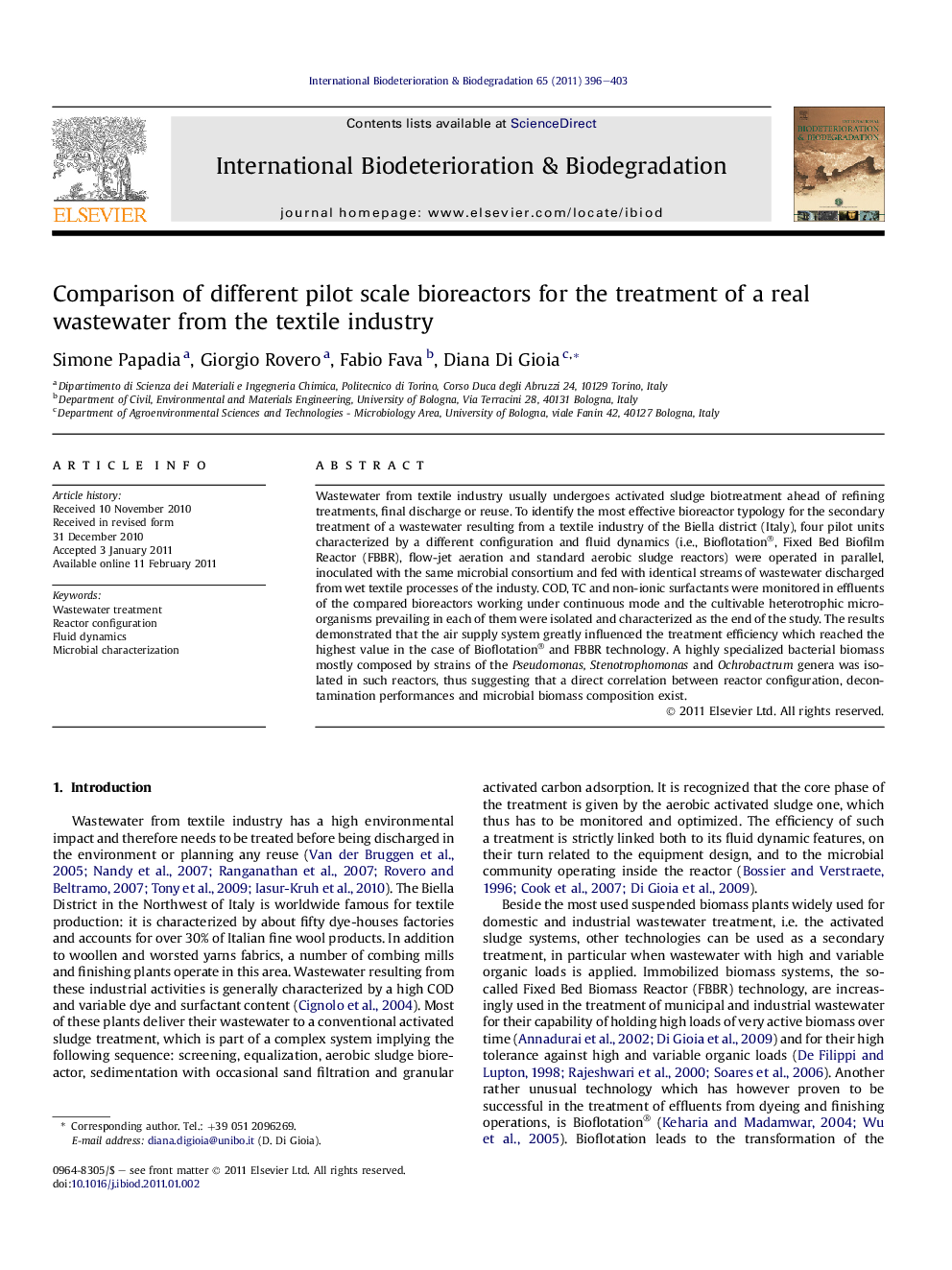 Comparison of different pilot scale bioreactors for the treatment of a real wastewater from the textile industry