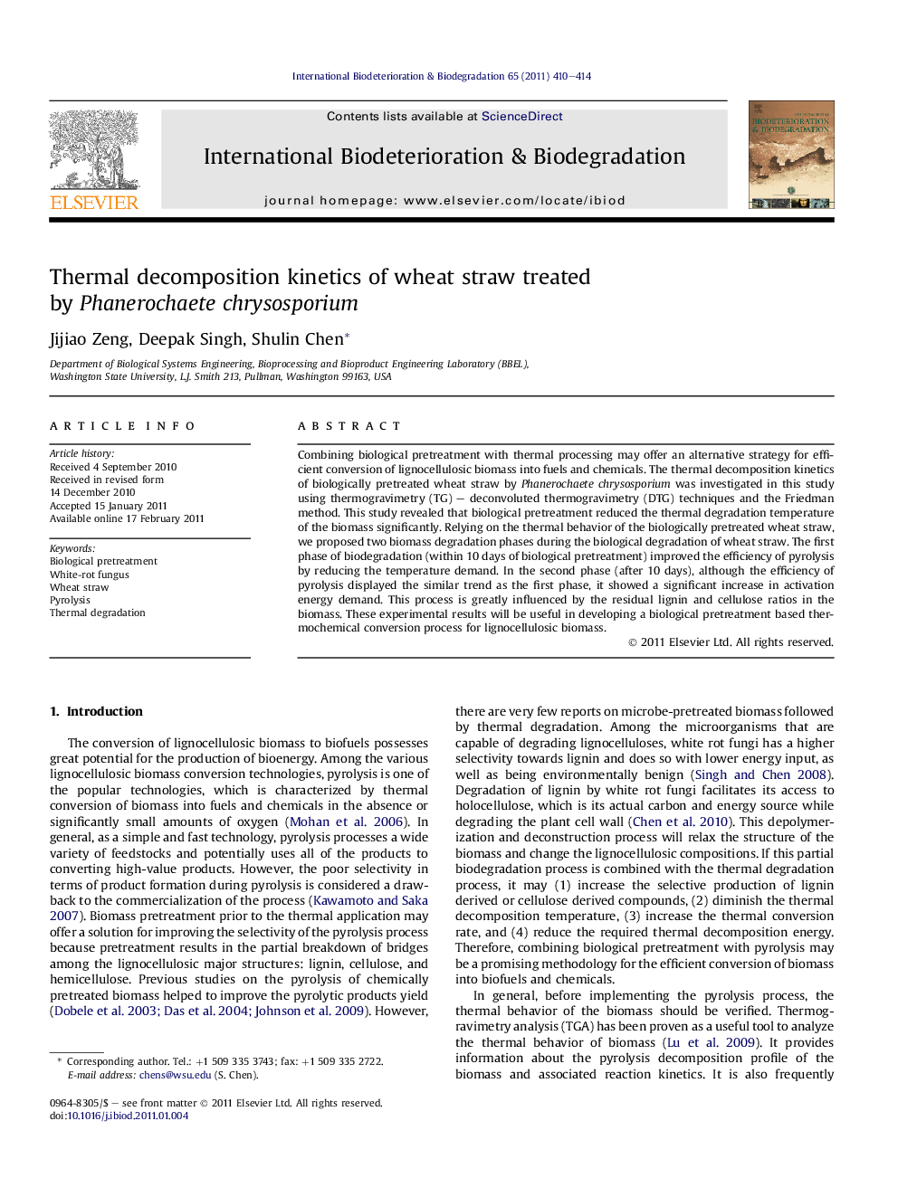 Thermal decomposition kinetics of wheat straw treated by Phanerochaete chrysosporium