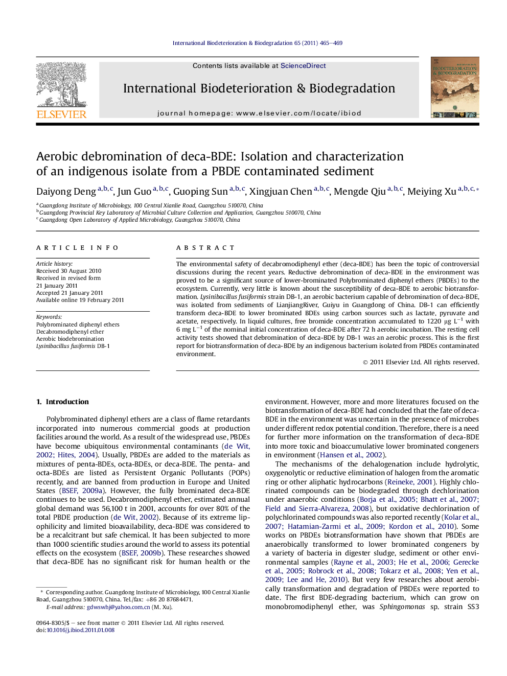 Aerobic debromination of deca-BDE: Isolation and characterization of an indigenous isolate from a PBDE contaminated sediment