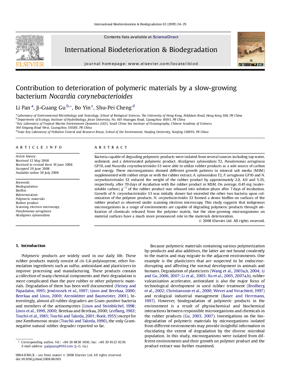 Contribution to deterioration of polymeric materials by a slow-growing bacterium Nocardia corynebacterioides