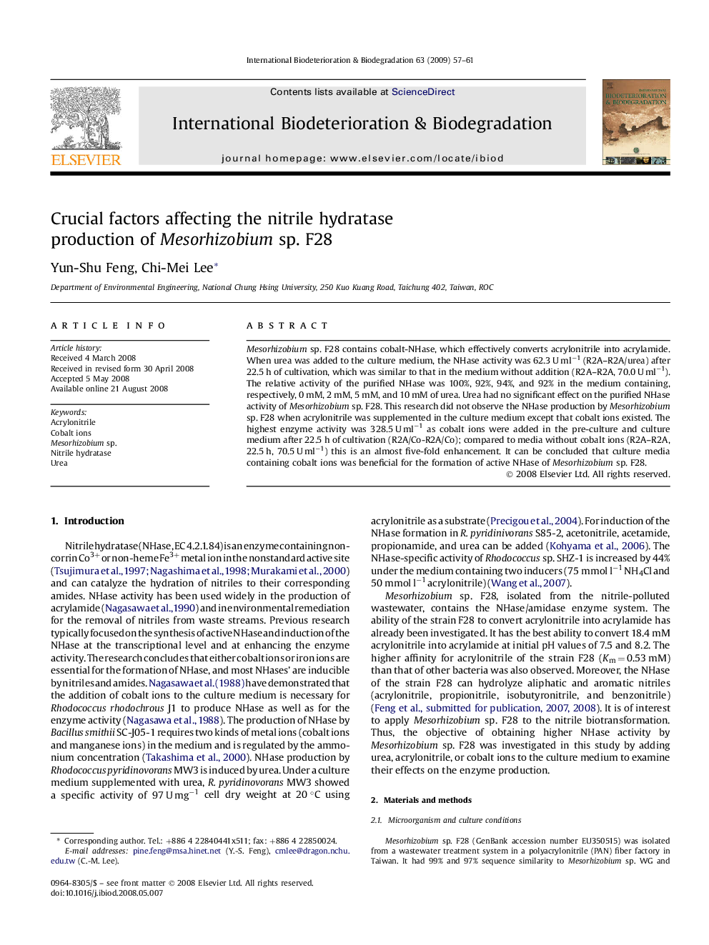 Crucial factors affecting the nitrile hydratase production of Mesorhizobium sp. F28