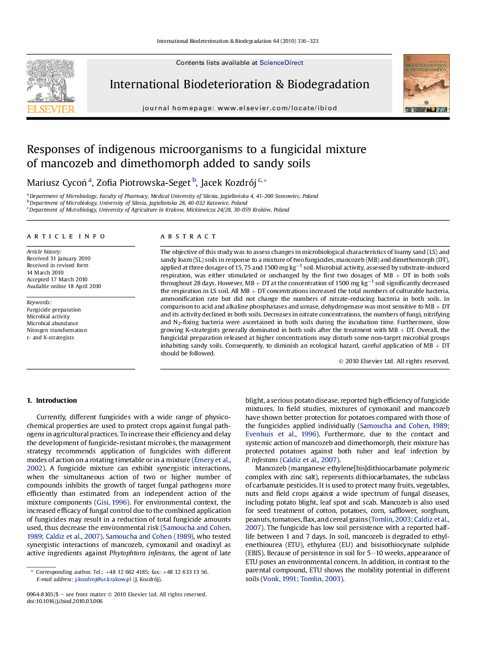 Responses of indigenous microorganisms to a fungicidal mixture of mancozeb and dimethomorph added to sandy soils