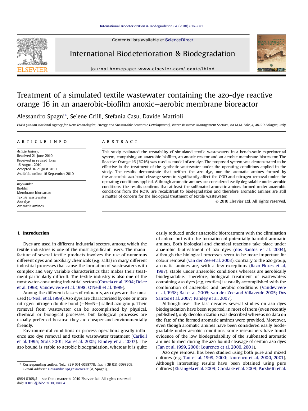 Treatment of a simulated textile wastewater containing the azo-dye reactive orange 16 in an anaerobic-biofilm anoxic-aerobic membrane bioreactor