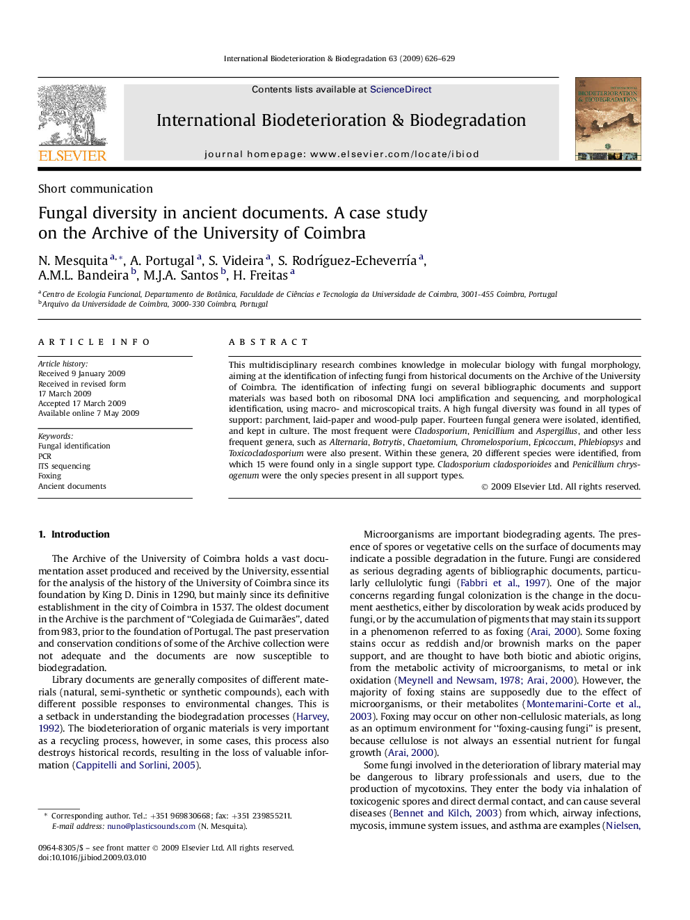 Fungal diversity in ancient documents. A case study on the Archive of the University of Coimbra