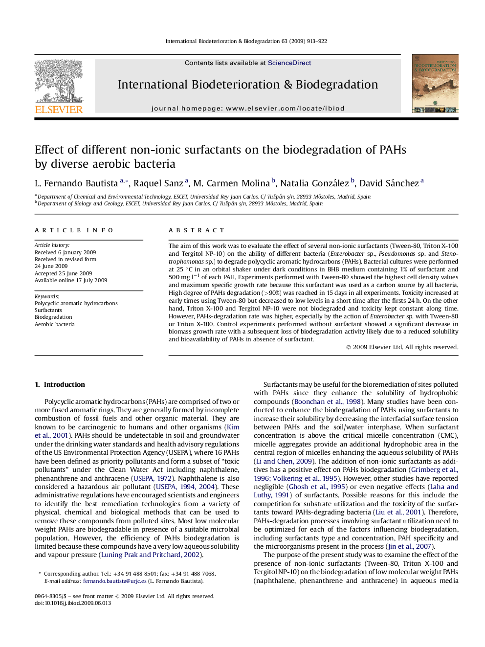 Effect of different non-ionic surfactants on the biodegradation of PAHs by diverse aerobic bacteria